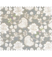 Beautiful Chinese Flower with Gold border with small buds and leaves continuous design on Blue Grey Beige main curtain